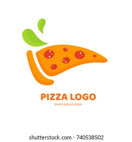 Logo design abstract italian food vector template. Illustration design of logotype pizza symbol. Vector pizza slice with cheese, salami, mushrooms, tomato and pepperoni.