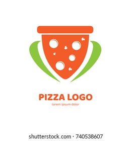 Logo design abstract italian food vector template. Illustration design of logotype pizza symbol. Vector pizza slice with cheese, salami, mushrooms, tomato and pepperoni.