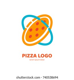 Logo design abstract italian food vector template. Illustration design of logotype pizza symbol. Vector pizza slice with cheese, salami, mushrooms, tomato and pepperoni.