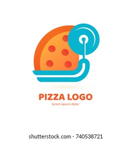 Logo design abstract italian food vector template. Illustration design of logotype pizza symbol. Vector pizza slice with cheese, salami, mushrooms, tomato and pepperoni.