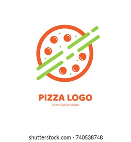 Logo design abstract italian food vector template. Illustration design of logotype pizza symbol. Vector pizza slice with cheese, salami, mushrooms, tomato and pepperoni.