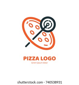 Logo design abstract italian food vector template. Illustration design of logotype pizza symbol. Vector pizza slice with cheese, salami, mushrooms, tomato and pepperoni.