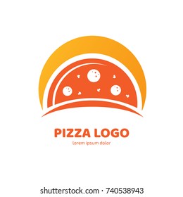 Logo design abstract italian food vector template. Illustration design of logotype pizza symbol. Vector pizza slice with cheese, salami, mushrooms, tomato and pepperoni.