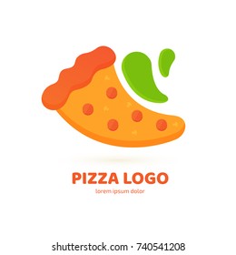 Logo design abstract italian food vector template. Illustration design of logotype pizza symbol. Vector pizza slice with cheese, salami, mushrooms, tomato and pepperoni.