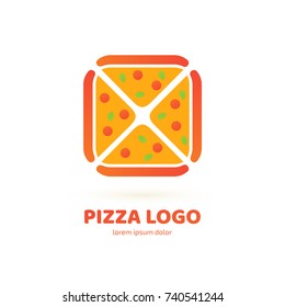 Logo design abstract italian food vector template. Illustration design of logotype pizza symbol. Vector pizza slice with cheese, salami, mushrooms, tomato and pepperoni.
