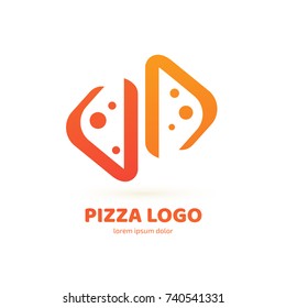 Logo design abstract italian food vector template. Illustration design of logotype pizza symbol. Vector pizza slice with cheese, salami, mushrooms, tomato and pepperoni.