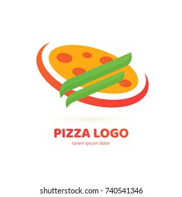 Logo design abstract italian food vector template. Illustration design of logotype pizza symbol. Vector pizza slice with cheese, salami, mushrooms, tomato and pepperoni.