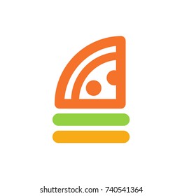 Logo design abstract italian food vector template. Illustration design of logotype pizza symbol. Vector pizza slice with cheese, salami, mushrooms, tomato and pepperoni.