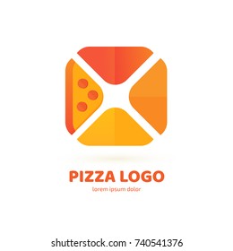 Logo design abstract italian food vector template. Illustration design of logotype pizza symbol. Vector pizza slice with cheese, salami, mushrooms, tomato and pepperoni.