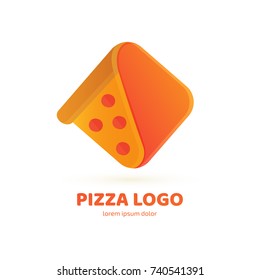 Logo design abstract italian food vector template. Illustration design of logotype pizza symbol. Vector pizza slice with cheese, salami, mushrooms, tomato and pepperoni.