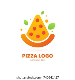 Logo design abstract italian food vector template. Illustration design of logotype pizza symbol. Vector pizza slice with cheese, salami, mushrooms, tomato and pepperoni.
