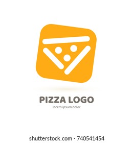 Logo design abstract italian food vector template. Illustration design of logotype pizza symbol. Vector pizza slice with cheese, salami, mushrooms, tomato and pepperoni.