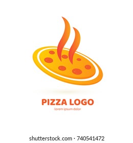 Logo design abstract italian food vector template. Illustration design of logotype pizza symbol. Vector pizza slice with cheese, salami, mushrooms, tomato and pepperoni.