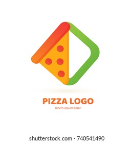 Logo design abstract italian food vector template. Illustration design of logotype pizza symbol. Vector pizza slice with cheese, salami, mushrooms, tomato and pepperoni.