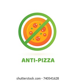 Logo design abstract italian food vector template. Illustration design of logotype anti pizza symbol. Vector pizza slice with cheese, salami, mushrooms, tomato and pepperoni.