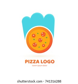 Logo design abstract italian food vector template. Illustration design of logotype pizza symbol. Vector pizza slice with cheese, salami, mushrooms, tomato and pepperoni.