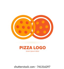 Logo design abstract italian food vector template. Illustration design of logotype pizza symbol. Vector pizza slice with cheese, salami, mushrooms, tomato and pepperoni.