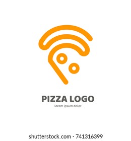 Logo design abstract italian food vector template. Illustration design of logotype pizza symbol. Vector pizza slice with cheese, salami, mushrooms, tomato and pepperoni.