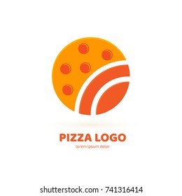 Logo design abstract italian food vector template. Illustration design of logotype pizza symbol. Vector pizza slice with cheese, salami, mushrooms, tomato and pepperoni.