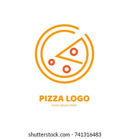 Logo design abstract italian food vector template. Illustration design of logotype pizza symbol. Vector pizza slice with cheese, salami, mushrooms, tomato and pepperoni.