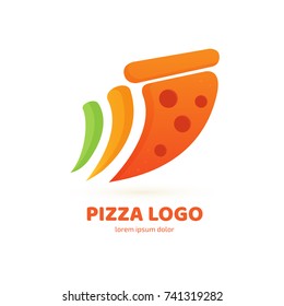 Logo design abstract italian food vector template. Illustration design of logotype pizza symbol. Vector pizza slice with cheese, salami, mushrooms, tomato and pepperoni.