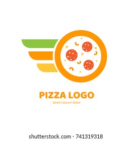 Logo design abstract italian food vector template. Illustration design of logotype pizza symbol. Vector pizza slice with cheese, salami, mushrooms, tomato and pepperoni.