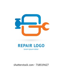 Logo design abstract repair vector template. Illustration design of logotype business spanner and nut symbol. Vector web work tool icon.