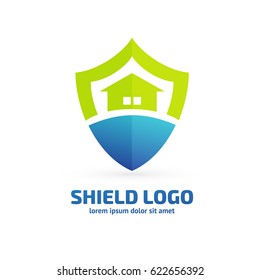 Logo design abstract shield, house vector template. Illustration design of logotype business protection, home insurance flat symbol.