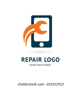 Logo design abstract smart phone repair vector template. Illustration design of logotype mobile support symbol. Vector spanner and phone web icon.