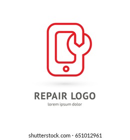Logo design abstract smart phone repair vector template. Illustration design of logotype mobile support symbol. Vector spanner and phone web icon.