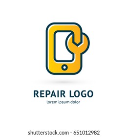 Logo design abstract smart phone repair vector template. Illustration design of logotype mobile support symbol. Vector spanner and phone web icon.