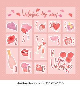 Logo for the design of the advent calendar for Valentine's Day. Hand-drawn icons of spring roses, champagne, macaroons, air kisses, pink hearts, love letters. Vector isolated colorful element.