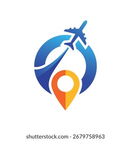 Logo-Design eines Flugzeugs, das um einen Globus fliegt, mit einem Positionsstift, der Reise und globale Navigation repräsentiert