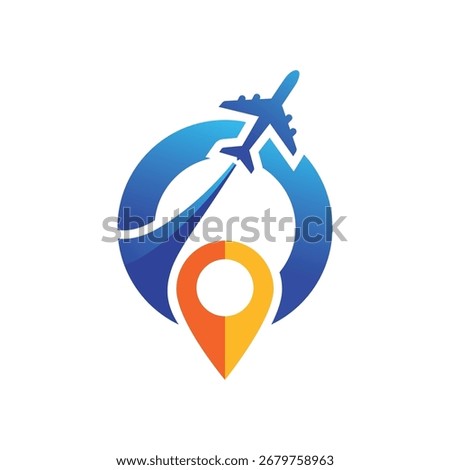 Logo design of Airplane flying around a globe with a location pin, representing travel and global navigation