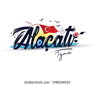 Logo design with "Alacati izmir" text. Alaçatı is a part of İzmir on the Western coast of Turkey, often noted for its architecture, vineyards, windmills.