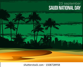 logo design Anniversary 89 years independence. National holiday of the Kingdom of Saudi Arabia and city silhouette, celebrated on September 23rd minimal graphic design postcard with Saudi Arabia flag