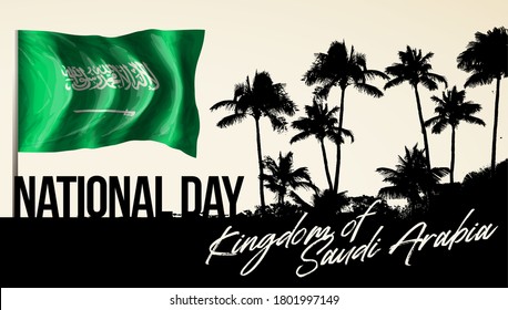 diseño del logo Aniversario de la independencia de 89 años. Fiesta nacional del Reino de Arabia Saudita y silueta de palma, celebrada el 23 de setiembre, postal mínima de diseño gráfico con bandera de Arabia Saudita