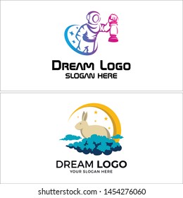 Logo design with astronaut holding lantern and rabbit star cloud illustration vector suitable for dream entertainment art label toy store 