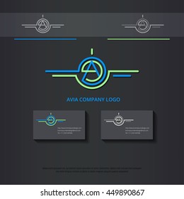 Logo design for avia company, plane construction company, avia traffic company. Vector logo has capital A letter in the center. Business card design included.