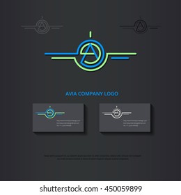 Logo design for avia company, plane construction company, avia traffic company. Vector logo has capital A letter in the center. Business card design included.