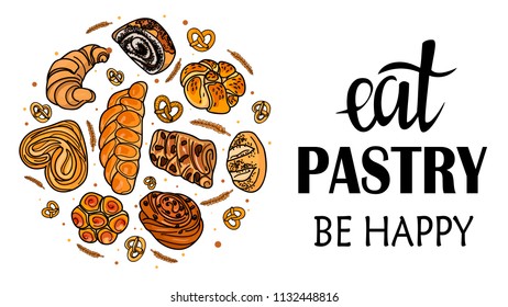 Logo design for a bakery store with pastries, sweets, bread. Design Element, Baking Shop, Delicious and fresh pastries. Vector, set, hand drawing, lettering