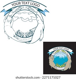 logo design with banner, a seal and otter reach fishes, circular logo with banner