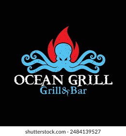 The logo design for the bar and grill features an illustration of a kraken with a red flame on the background