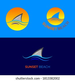 logo design with beach and shark concept. circle emblem logo stamp. flat logo concept. minimal logo design