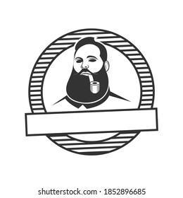 logo design of a bearded man with a smoking pipe. white background