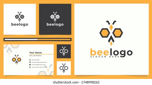 Logo Design Bee Company And Business Card Template.Can Be Used For Honey Production Logos And Logo Needs Regarding Bees, Personal Logos, Company Logos And Other Needs. Premium Vector.