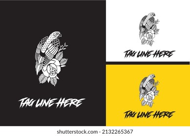 diseño de logotipo de ave con vector floral negro y blanco