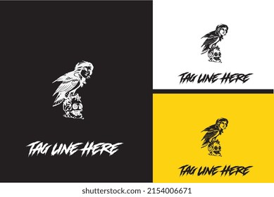 logo design of bird and head skull vector black and white