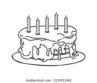 Logo for the design of birthday greeting cards. Hand-drawn icons of cake with candles for making wishes, vector isolated black element.