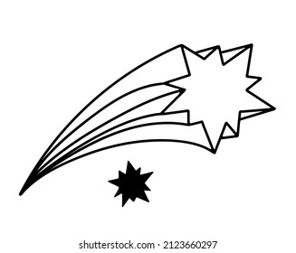Logo for the design of birthday greeting cards. Hand-drawn icons of fireworks, comets and stars, vector isolated black line element.